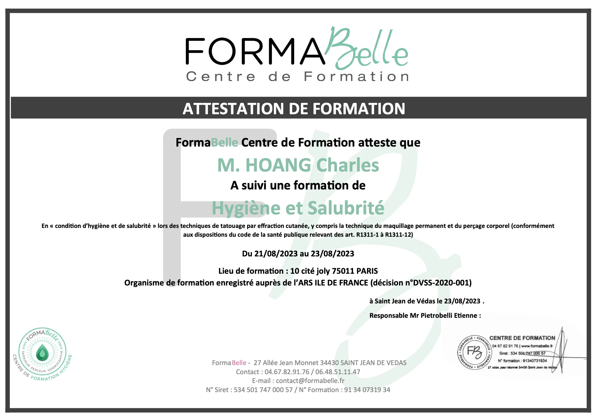 Attestation de formation Hygiène et Salubrité Paris